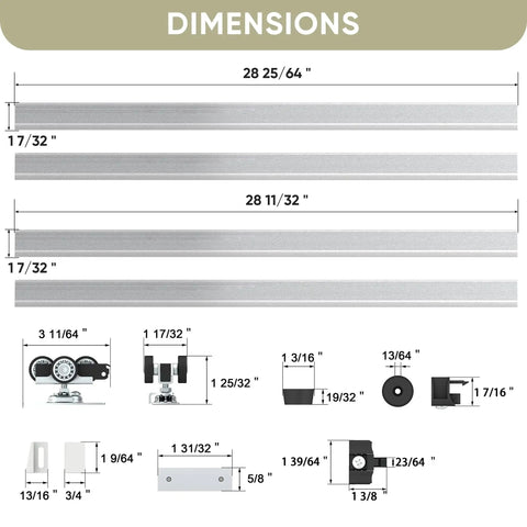 Diagram of Double Pocket Door Track Kit with 10 Ft Rails, 2 Sets Of 56.7 Inch Spliced Rails for double doors 48-60 inches wide.