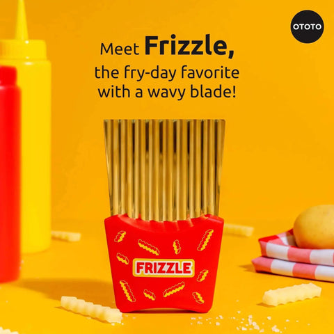 Frizzle Crinkle Fry Cutter Turns Potatoes Into Waffle Fries And Fun Veggie Crinkles For Easy Snacking And Party Ready Bites A Cool Quick Kitchen Gadget And A Quirky Gift OTOTO showing wavy stainless steel blade and red handle.