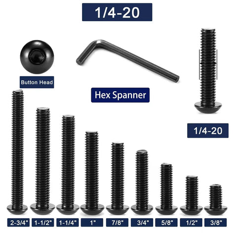 Image showing various sizes of 1/4-20 button head socket cap bolts with hex spanner, part of One Quarter Twenty Button Head Socket Cap Bolts Set Built To Last 20 Pcs 304 Stainless Steel With Black Oxide Finish Allen Hex Drive Includes Hex Spanner Ideal For Auto Marine And DIY Projects.