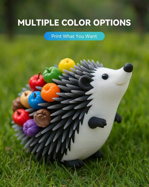 3D printed hedgehog on grass showcasing multiple color options, PLA Plus 2.0 1.75mm 3D Printer Filament High Speed Printing versatility