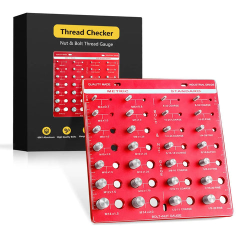 Nut And Bolt Thread Checker And Identifier Board With 14 Standard And 14 Metric Gauges For Quick Size And Thread ID, showing front view with red gauge and packaging.