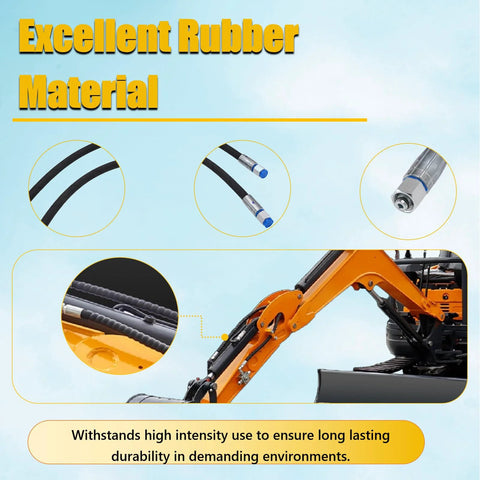 Two black rubber hydraulic hoses with blue fittings for 1-2 ton mini excavator diverter valve, 32-inch length.