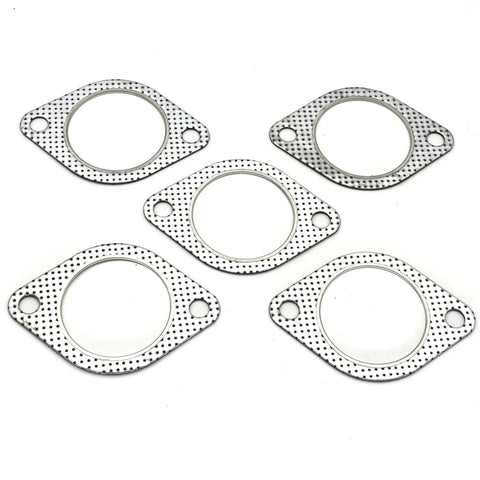 Five silver metal exhaust flange gaskets with perforated edges, two mounting holes, and a 63.5mm inner bore (2.5in).