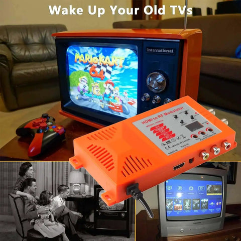 HDMI to RCA to RF Modulator Coaxial UHF Converter Adapter with channel switch used to connect gaming console to retro TV.