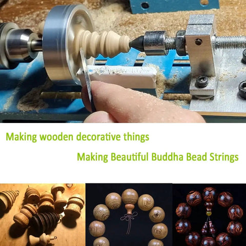 Mini Wood Lathe Machine Multi Purpose Upgraded And Lengthened Processing Diameter Two Inch Eleven Inch For Turning Cutting Sanding Polishing Wood With Pro Grade Customized Tool Accessories And Easy For Beginners In Home Workshop making wood decorations and Buddha bead strings.