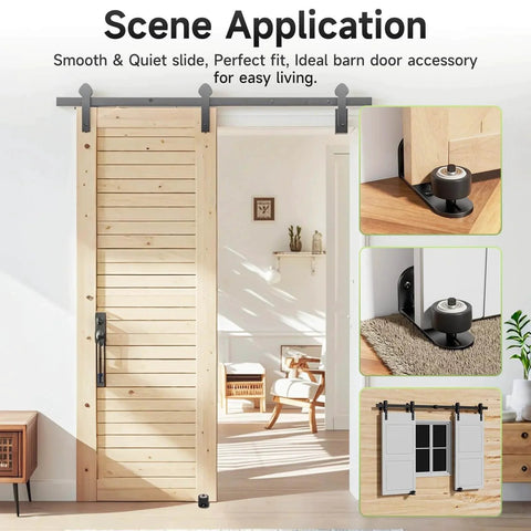 Sliding barn doors with 2 pack sliding barn door floor guide set with quiet bearing and adjustable rubber rollers installed, flush on floor.