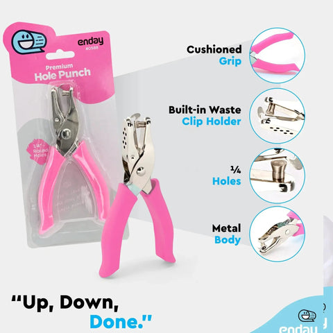 Metal Single Hole Punch For Paper And Crafts With Soft Grip Handles, Pink Quarter Inch Hole Puncher, super handy, shown in packaging.