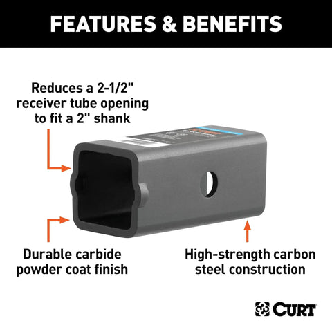 Side-view of CURT 45405 receiver adapter sleeve, 2-1/2in to 2in, carbon steel with carbide powder coat finish