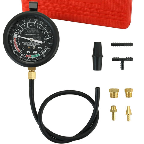 Pro Grade Fuel Pump And Vacuum Tester Gauge Kit For Automotive Engines With Four Essential Tests Including Fuel Pump Pressure And Vacuum Carburetor Intake Manifold And Overall Vacuum System Red Weyleity with 4-inch gauge and adapters