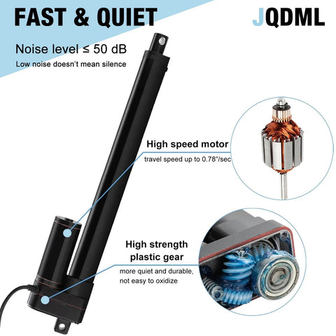 Heavy Duty 12V Linear Actuator With 176 Lbs Maximum Load 800N Fast 0.78 Inches Per Second Stroke Six Inches IP65 Waterproof With Mounting Brackets product image showing motor and gear detail.