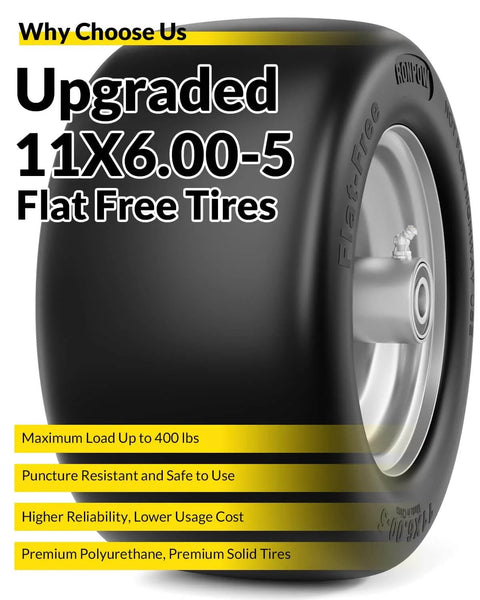 Side view of Flat Free 11x6.00-5 Lawn Mower Tire And Wheel Set For Zero Turn Mowers, black polyurethane with steel hub