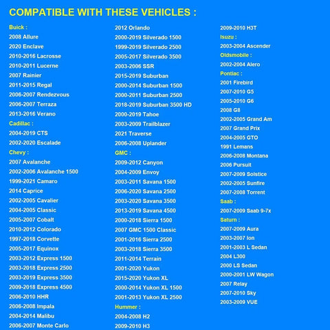 List of compatible vehicles including various models from Buick, Cadillac, Chevrolet, GMC, Isuzu, and more; focus on GM vehicles.