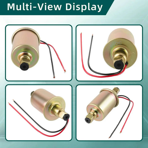 Universal 6 Volt Inline Electric Fuel Pump With Installation Kit 5-8 PSI Five Sixteenth Inch Inlet And Outlet Plug And Play Ready For Carbureted Engines Easy Install For Emergency Replacement Or Permanent Use, shown in multiple views.