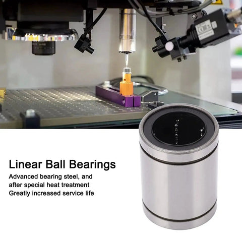 4 Piece Linear Ball Bearing Set shown during installation in automation equipment, emphasizing heat-treated steel and smooth motion