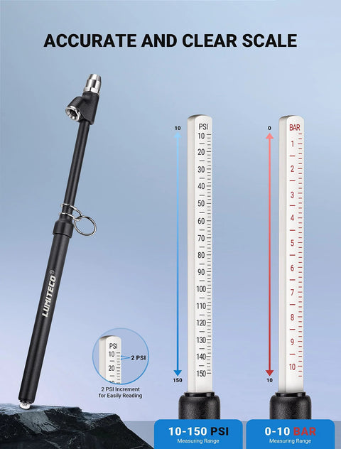 Two LUMITECO pencil tire pressure gauges with extended tubes; 10–150 PSI and 0–10 BAR scales.