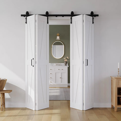 Space Saving White Bifold Sliding Barn Door Kit 60x84 Inch With K Shaped Panel And Sliding Hardware installed in a bedroom