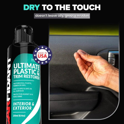 Plastic Restorer for Cars Deep Black Shine for Trim and Vinyl UV Protection next to hand applying product on car dashboard