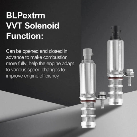 Two VVT solenoids for 2.0L 2.2L 2.4L engines, front view, shown with text describing engine efficiency benefits, model compatibility included.