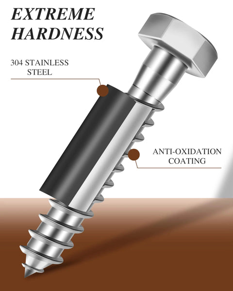 Heavy Duty 5/16 Inch Lag Screws With Flat Washers, 1-1/2 Inch Length, Hex Head, 304 Stainless Steel 18-8, Hex Socket, Rust Resistant