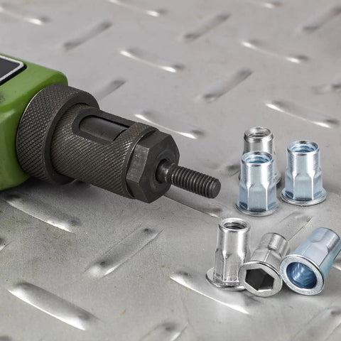 M6 Half Hex Rivet Nuts For 304 Stainless Steel Flat Head Threaded Inserts, tool and nuts on metal surface