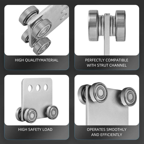 Four Wheel Trolley Assembly Rollers With Four Bearings For One And Five Eighths Inch Wide Strut Channel, close-up view of steel rollers