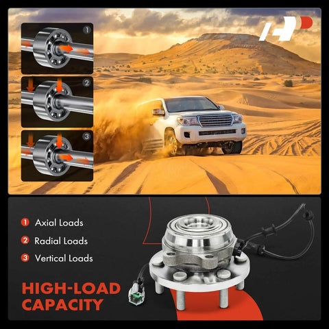 Heavy Duty Front Wheel Bearing And Hub Assembly With ABS For 4WD Nissan Frontier 2005 2019 Pathfinder 2005 2012 Xterra 2005 2015 Suzuki Equator 2009 2012 Six Lug Replacement Wheel Hub, image showing hub and vehicle in desert