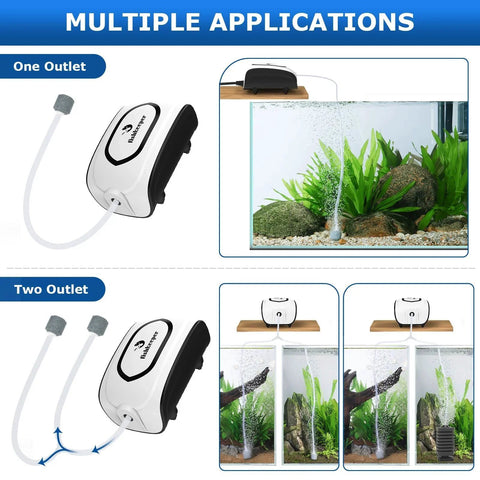 Ultra Quiet Dual Outlet Aquarium Air Pump for 1 to 160 Gallon Tanks installed with one or two outlets in aquarium setup