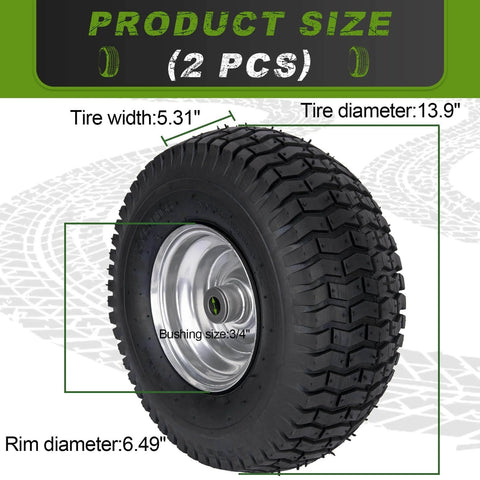 15X6.00-6 Lawn Mower Tire With Wheel Front Tire For Riding Mowers, side view showing 5.31in width and 13.9in diameter.