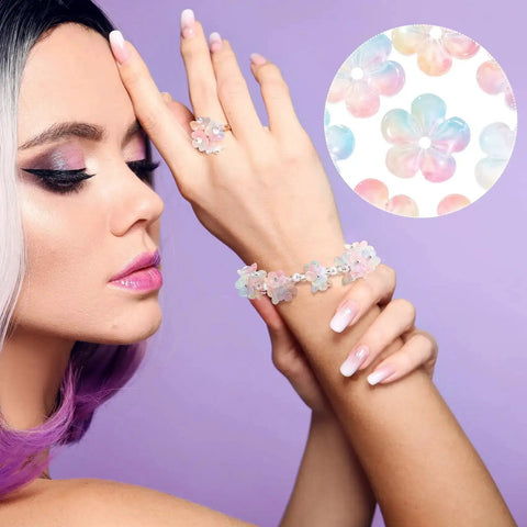 Model wearing jewelry with Plum Blossom Five Petal Gradient Acrylic Flower Beads 100 Pieces Pink Blue DIY Friendly Crafts