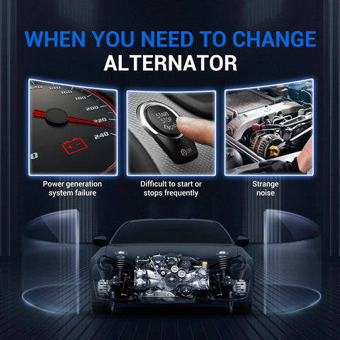 Signs indicating need for alternator replacement: battery warning light, start/stop button issues, engine bay with alternator.