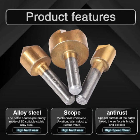 Three Piece HSS Chamfer Countersink End Mill Set For Woodworking With 90 Degree Single Flute Titanium Plated Cutter Bits, Gold Finish