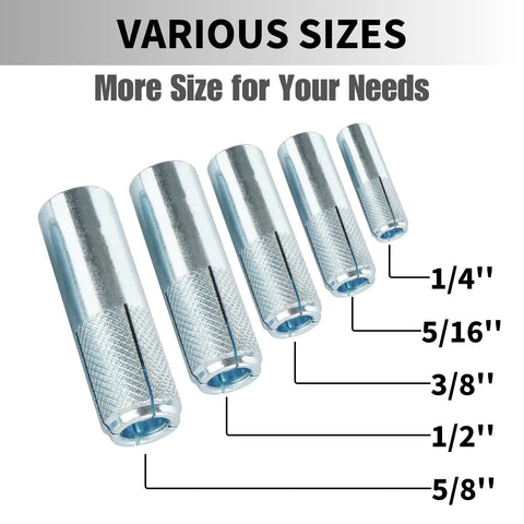 Drop-In Anchors 1/4-20 Zinc-Plated For Concrete, 100 Pieces shown in various sizes from 1/4 to 5/8 inches for secure concrete mounting