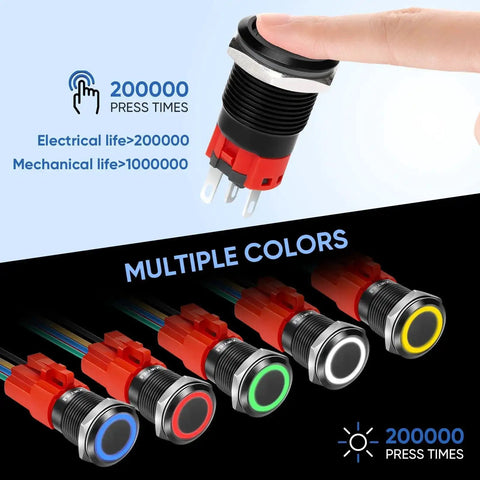 12V Latching Push Button Switch With Waterproof LED Ring Red Light For Car On Off Power Button 0.63 Inch Mount Hole Self Locking