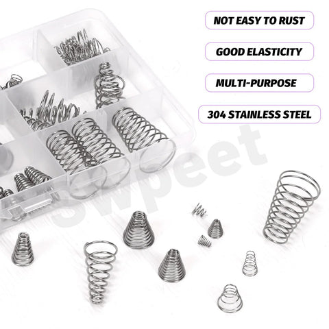 Stainless steel conical compression springs in a clear plastic organizer; 10-size assortment including 0.3/0.5/0.7/0.8/1.