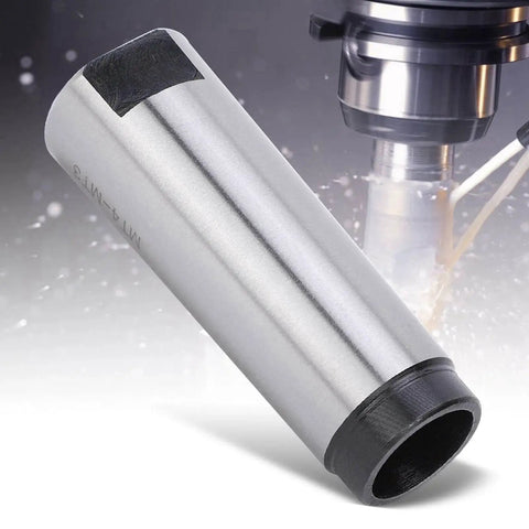 Close-up of CFTGIW MT4 to MT3 taper drill sleeve reducing adapter, high-speed steel, quenched, silver with black end.