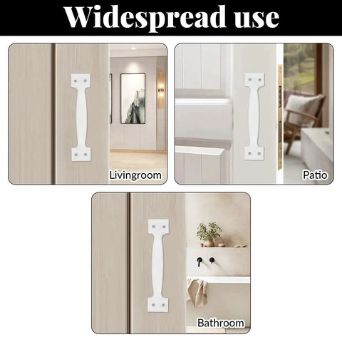 2 Pack White Barn Door Handle Pulls 5.5 Inch With Screws for sliding doors and cabinets, shown in living room, patio, and bathroom settings.