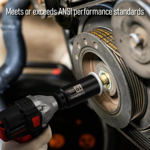 1/2 Inch Drive 19mm Crank Bolt Socket For Honda Harmonic Balancer, CR-MO Impact Socket in use on harmonic balancer