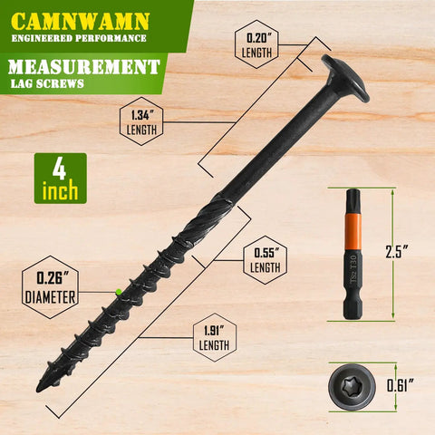 Pack Of 50 Heavy Duty Wood Lag Screws 4 Inch Long 0.171 Inch Thread Black Coated Torx Star Drive With Modified Truss Washer Head And Included T30 Bit For Tough Deck Framing And Wood Construction, showing screw dimensions and T30 bit