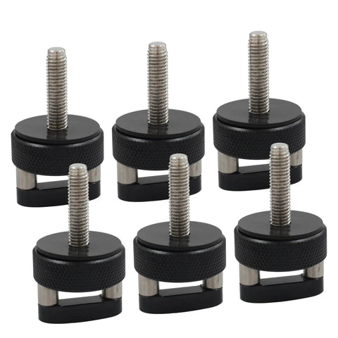 Black Quick Release Hard Top Bolts With Integrated D Ring Mount And Thumb Screws For Jeep Wrangler JK 2007 2018 JL 2018 2022 And Gladiator JT Replacement Kit No Hassle Install Heavy Duty Aluminum Construction, showing six black and silver bolts