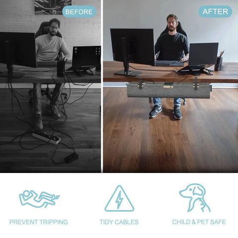 Before and after using 2 In 1 Under Desk Cable Management Tray And Privacy Panel With Dual Sided Felt Cord Organizer for organized desk.