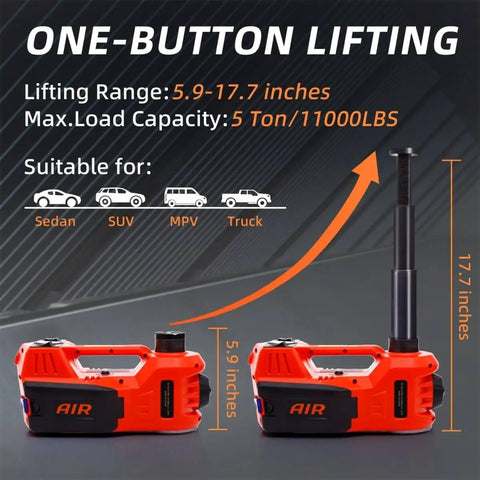 5 Ton 12V Electric Car Jack Kit With Built In Impact Wrench And Tire Inflator Pump for lifting SUVs, sedans, trucks, 5.9-17.7 in range