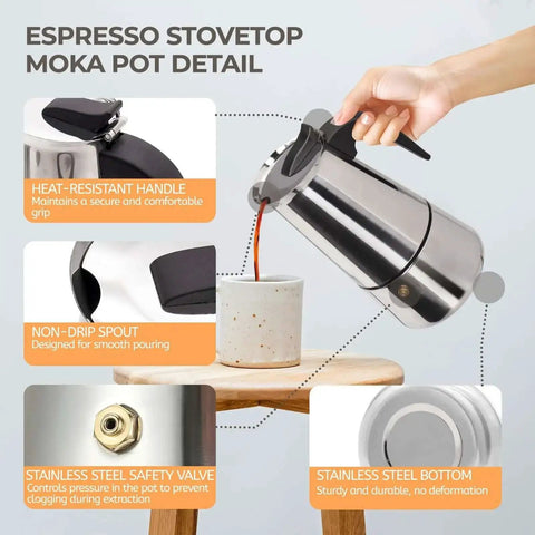 Stainless Steel 12 Cup Moka Pot Espresso Maker For Stovetop Brews Like A Boss Italian Classic Style Cafetera Coffee Pot shown in use