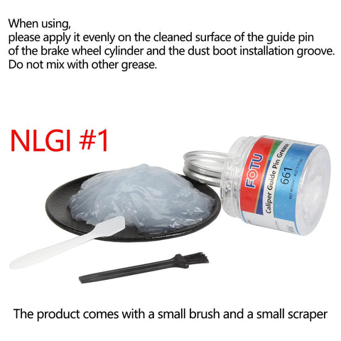 FOTU 661 brake caliper guide pin grease jar with gray lubricant on a plate, includes white spatula and small brush.