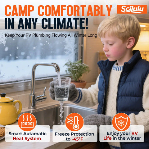 Scilulu 30ft heated water hose for RV with Scilulu logo; winter kitchen sink scene with running water