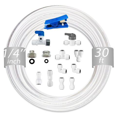 TSnsfCerti NSF 1/4 in water line tubing and push-to-connect fittings kit; 30 ft white tubing with 11 connectors.