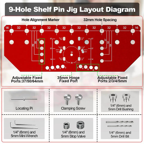 Diagram of 9-hole shelf pin jig layout for Two In One Shelf Pin And Hinge Drill Jig For One Quarter Inch And Five Millimeter Peg Slots, 35mm Cabinet Hinge Drill Guide, Durable Aluminum Alloy, Upgraded Thick Body That Stops Bit Skew, Ideal For DIY Woodworking And Cabinet Installations.