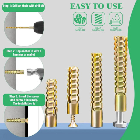 Installation steps using 180Pcs 90 Sets Steel Wall Anchor And Screw Kit In Four Sizes for secure mounting on various walls.