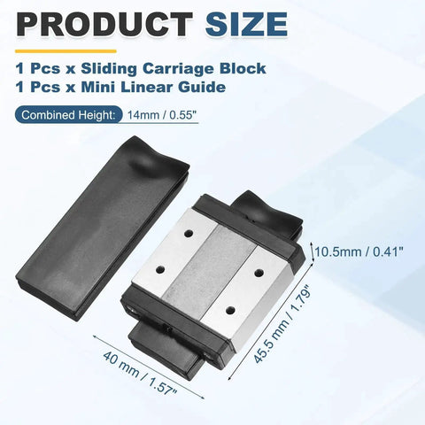 MGW12C Linear Bearing Sliding Carriage Block With Mini Guide, includes size details, for 3D Printer and CNC Machines.