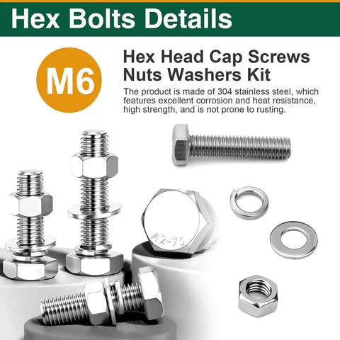 Massive 182Piece M6 Nuts And Bolts Kit With A2-70 Stainless Steel Hex Head Cap Screws M6x8 To M6x35 Includes Flat Washers