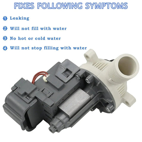 Washer drain pump for Whirlpool/Kenmore; gray plastic body, white outlet, red wires
